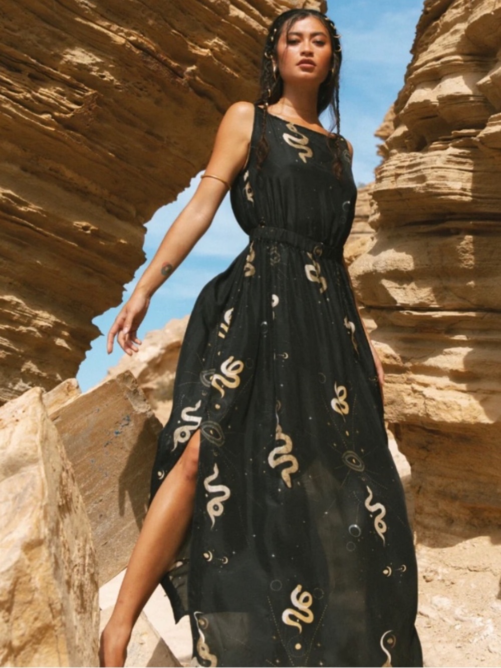 Fara Boutique black 100% silk snake celestial print maxi dress womens S/M